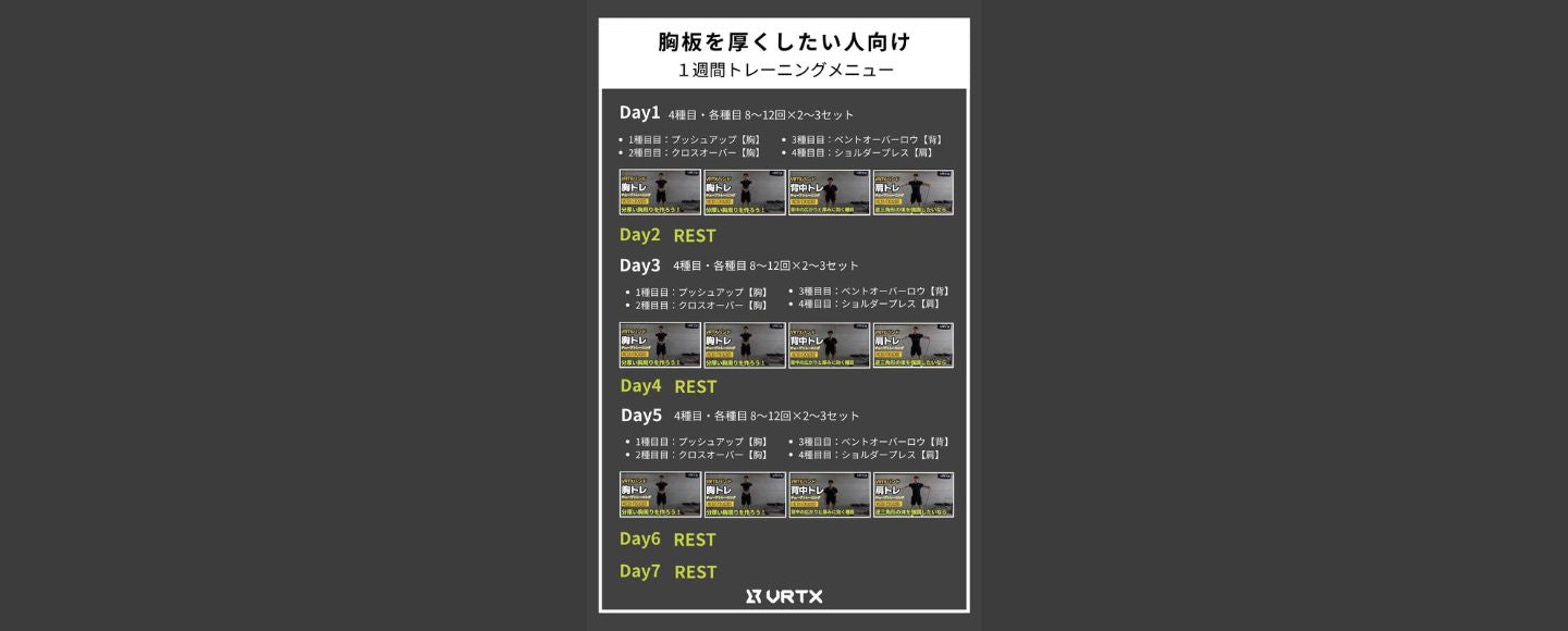 【1週間スケジュール】胸板を厚くしたい人向けの１週間トレーニングメニュー