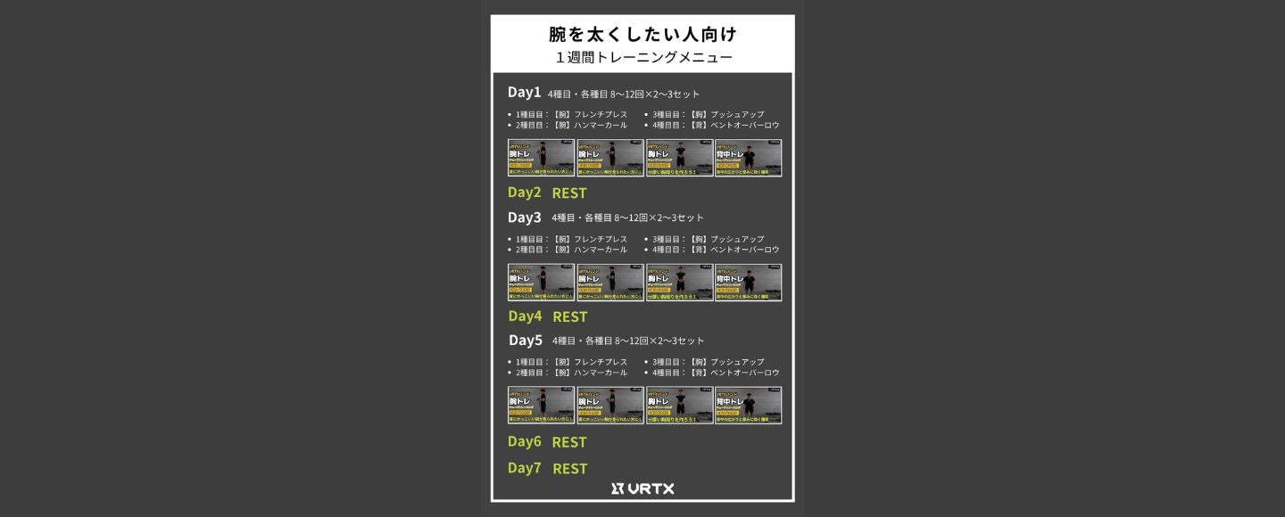 【1週間スケジュール】腕を太くしたい人向けの１週間トレーニングメニュー