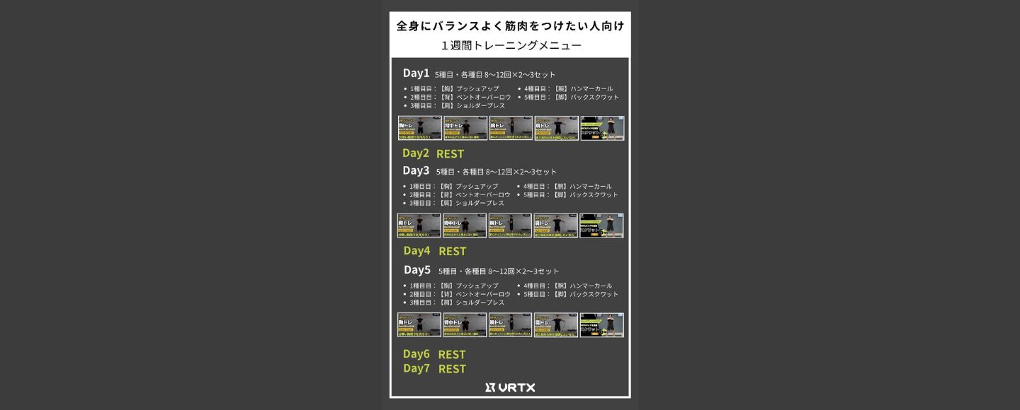 【1週間スケジュール】全身にバランスよく筋肉をつけたい人向けの１週間トレーニングメニュー