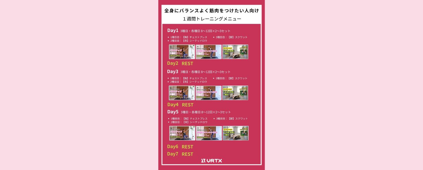 【1週間スケジュール】全身にバランスよく筋肉をつけたい人向けの１週間トレーニングメニュー