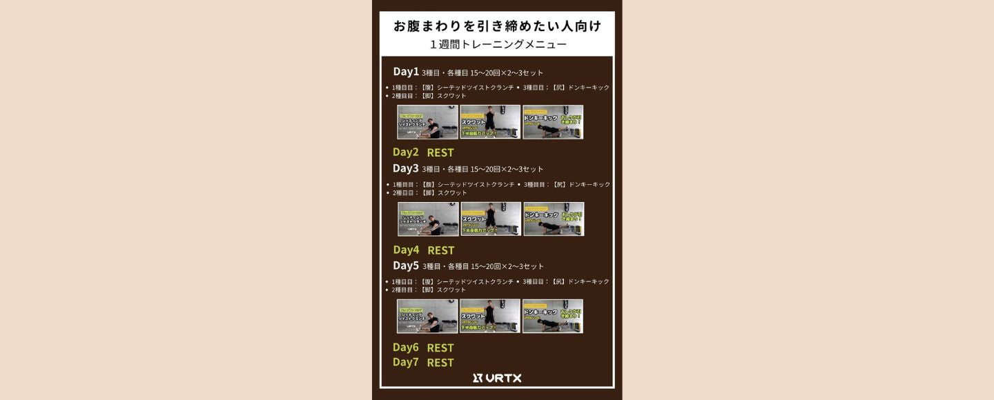 【1週間スケジュール】お腹まわりを引き締めたい人向けの１週間トレーニングメニュー