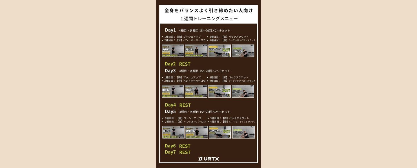 【1週間スケジュール】全身をバランスよく引き締めたい人向けの１週間トレーニングメニュー
