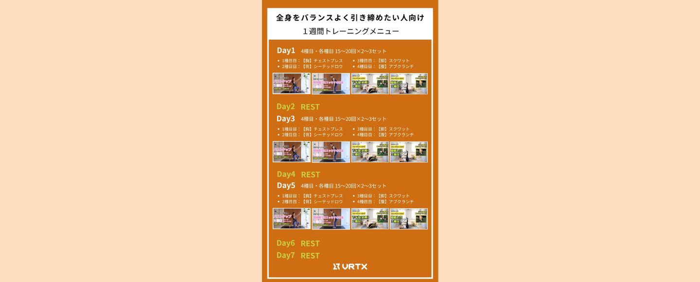 【1週間スケジュール】全身をバランスよく引き締めたい人向けの１週間トレーニングメニュー